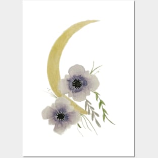 Golen Cresent Moon watercolor painting with violets Posters and Art